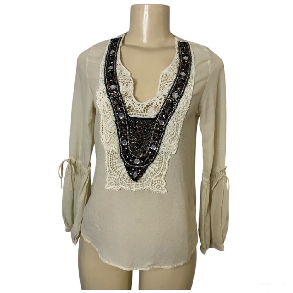 Leyendecker Silk Crochet Beaded Cottage Grunge Cream Blouse Size XS/Small